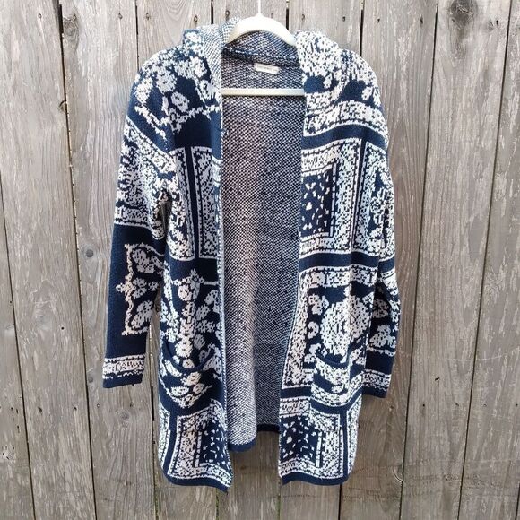 Sweaters - Andthewhy size S/M hooded knit open front cardigan blue white jacquard